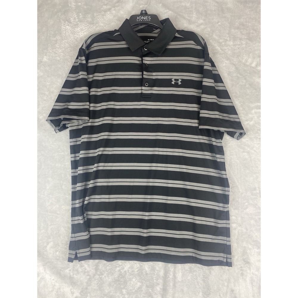 Under Armour Shirt Mens XL Black Striped Polo Golf Performance Heat Gear Outdoor